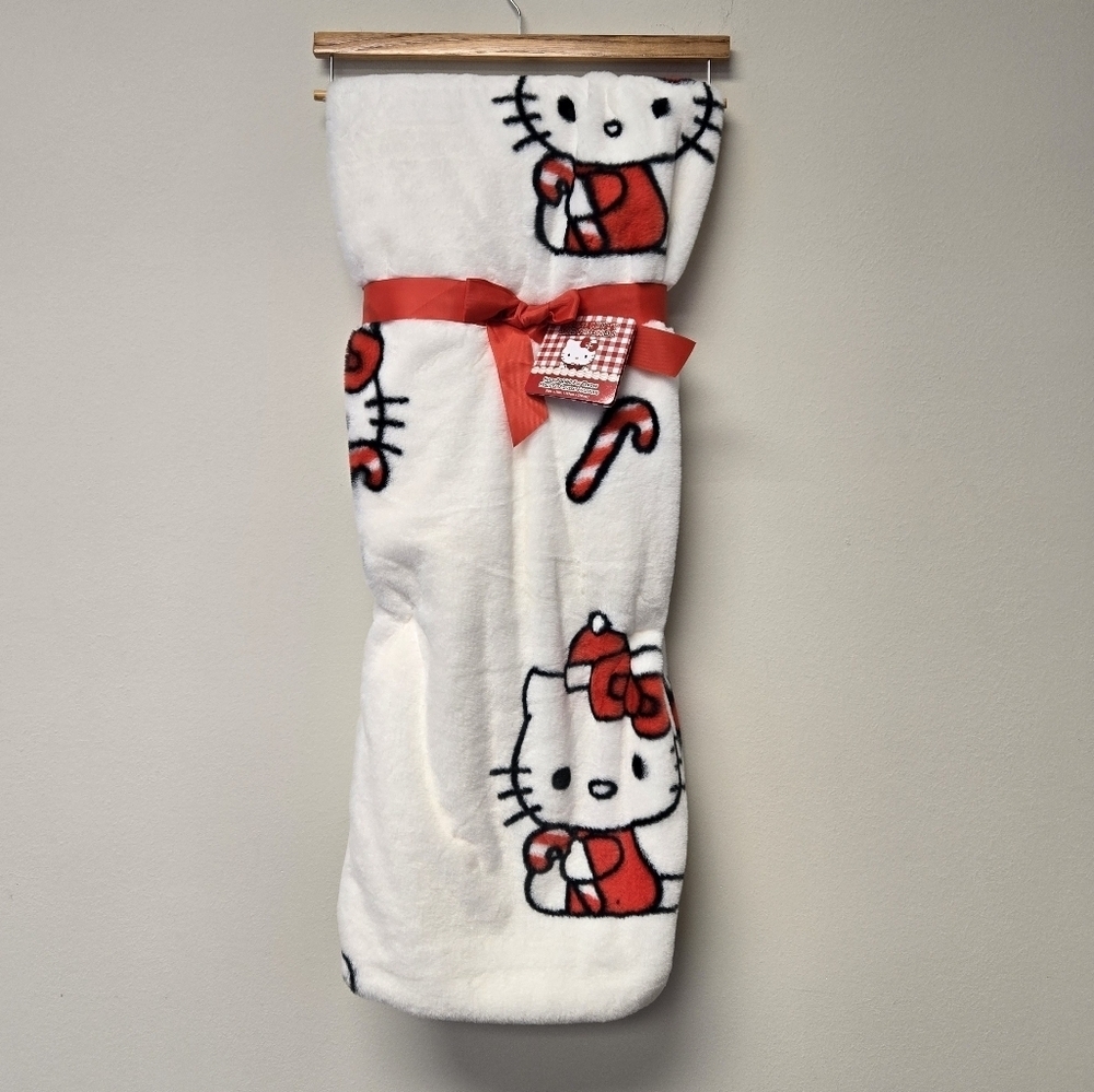 Sanrio Hello Kitty Christmas Candy Cane Faux Rabbit Fur Throw Blanket